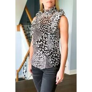 Olivaceous Black White Snow Leopard Sheer Sleeveless Blouse Top Small Tuxedo NEW
